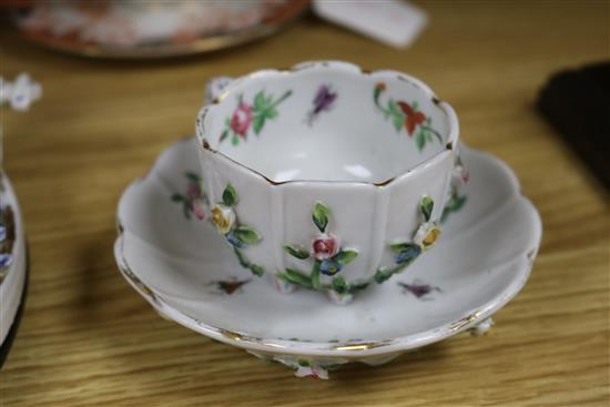 A Dresden floral encrusted cup and saucer, a quantity of Royal Crown Derby teaware and a Sitzendorf wall mirror